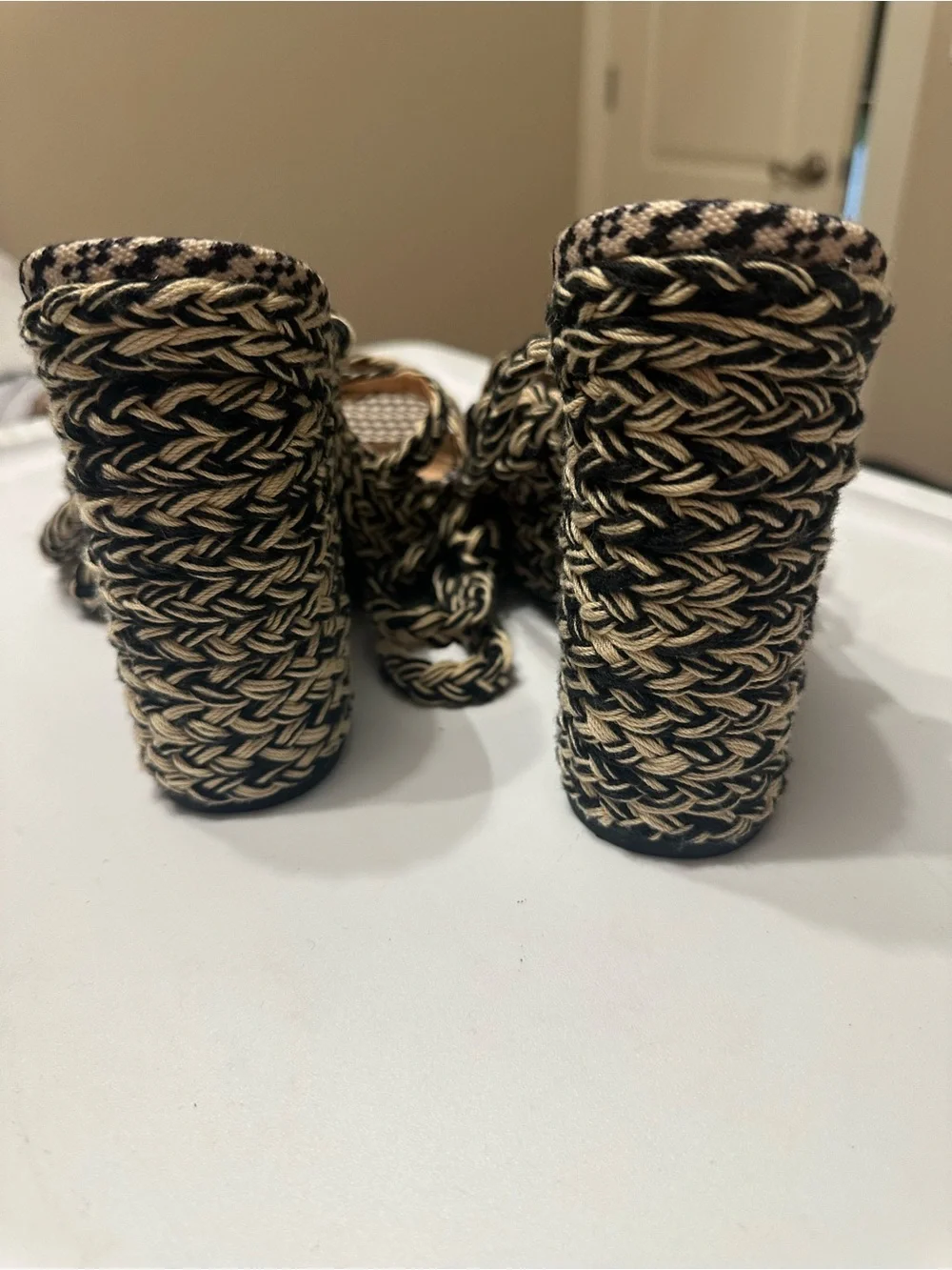 INC Braided Platform Ankle-Tie High Heel Sandal in Black & Beige